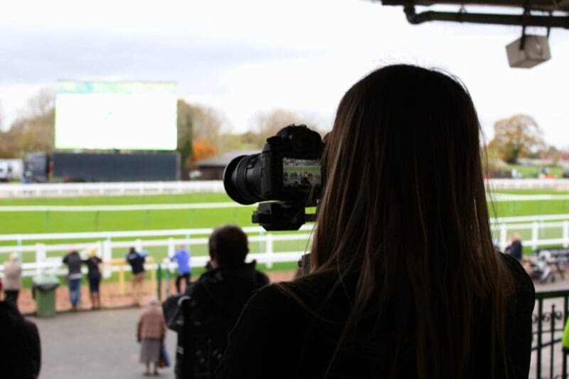 videographer filming at warwick racecourse for drywall pro-cut down tools day