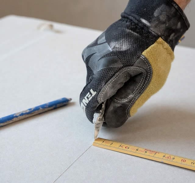 Man measuring plasterboard with tape measure for precut drywall benefits - Custom drywall components